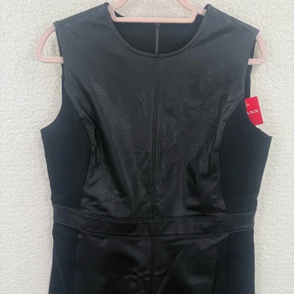 green emerald velvet dress Spanx Dresses | Spanx Leather-Like Combo Sheath Dress | Color: Black | Size: L main image 1